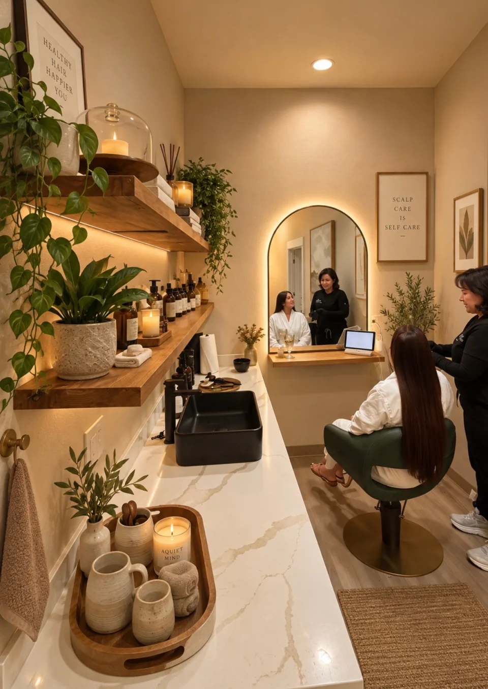 A warm treatment room with shelves, plants, a styling chair, and mirror