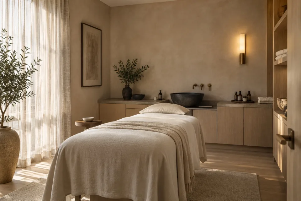 Soft linens and warm lighting in a quiet treatment setting